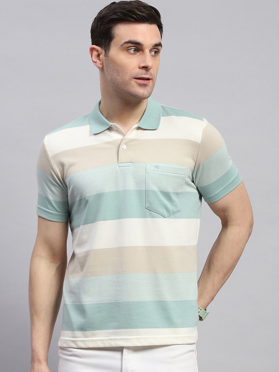 

Monte Carlo Men Striped Polo Collar Pockets T-shirt, Green