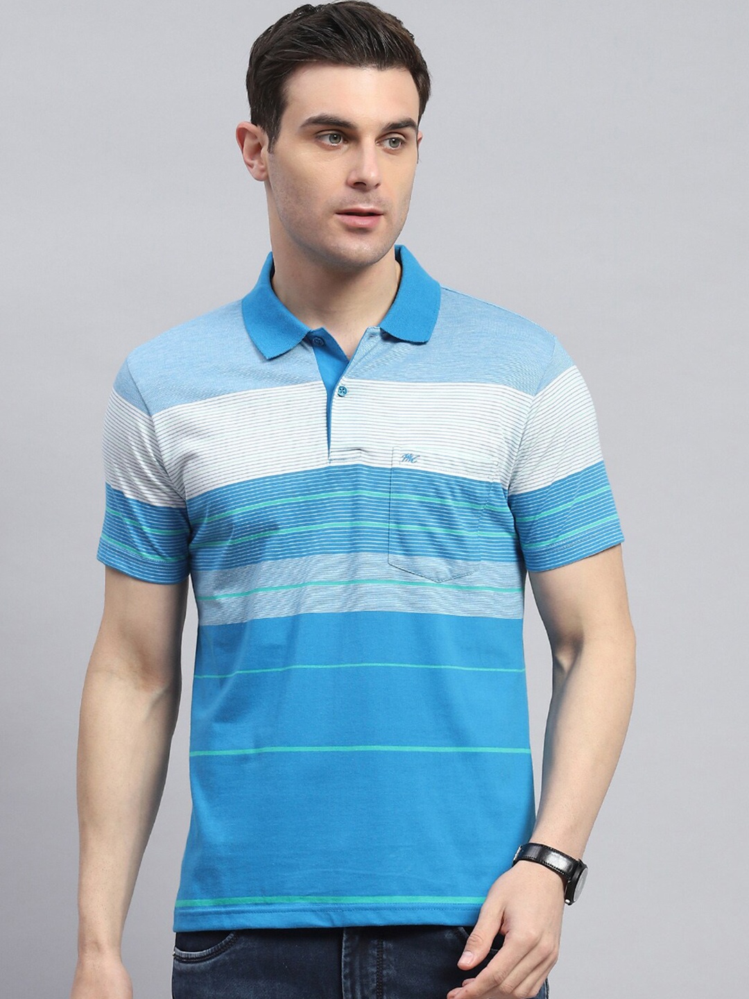 

Monte Carlo Men Striped Polo Collar Pockets T-shirt, Blue
