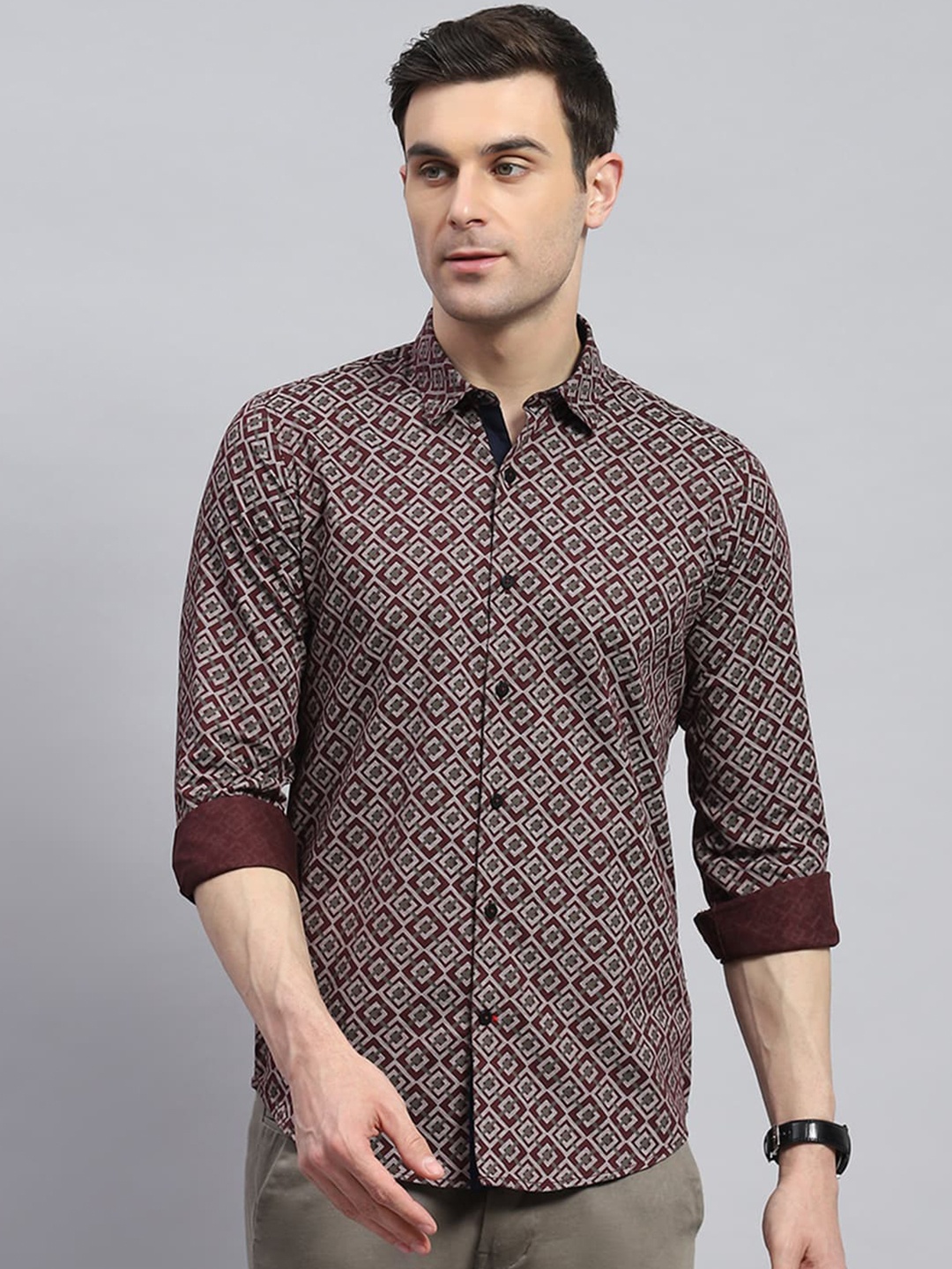 

Monte Carlo Men Classic Slim Fit Floral Opaque Printed Casual Shirt, Maroon