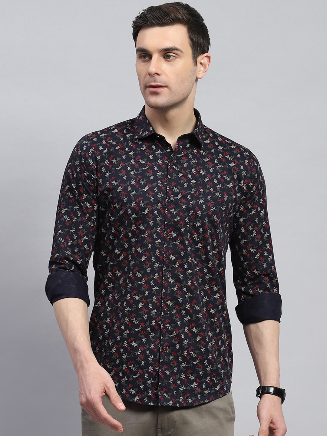 

Monte Carlo Men Classic Slim Fit Floral Opaque Printed Casual Shirt, Navy blue