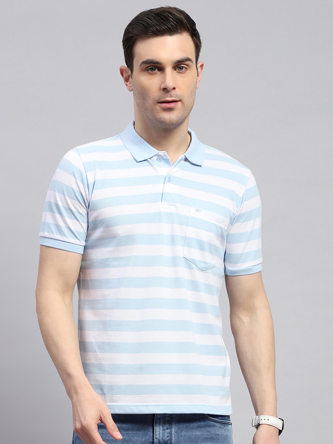 

Monte Carlo Men Striped Polo Collar Pockets T-shirt, Blue