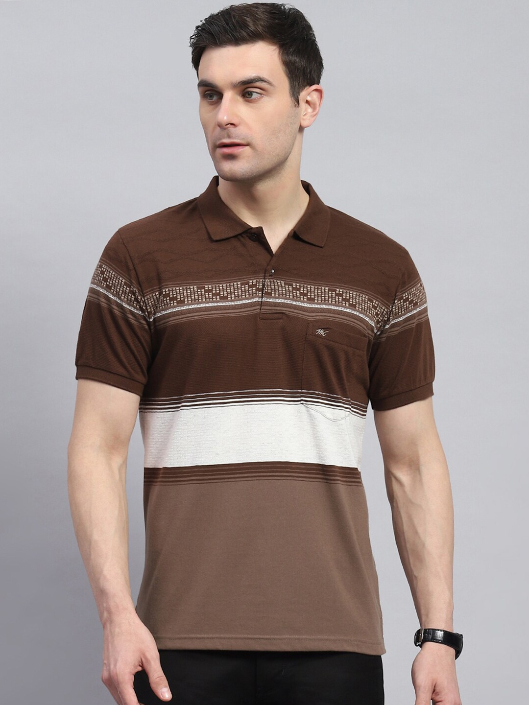 

Monte Carlo Men Striped Polo Collar Pockets T-shirt, Coffee brown