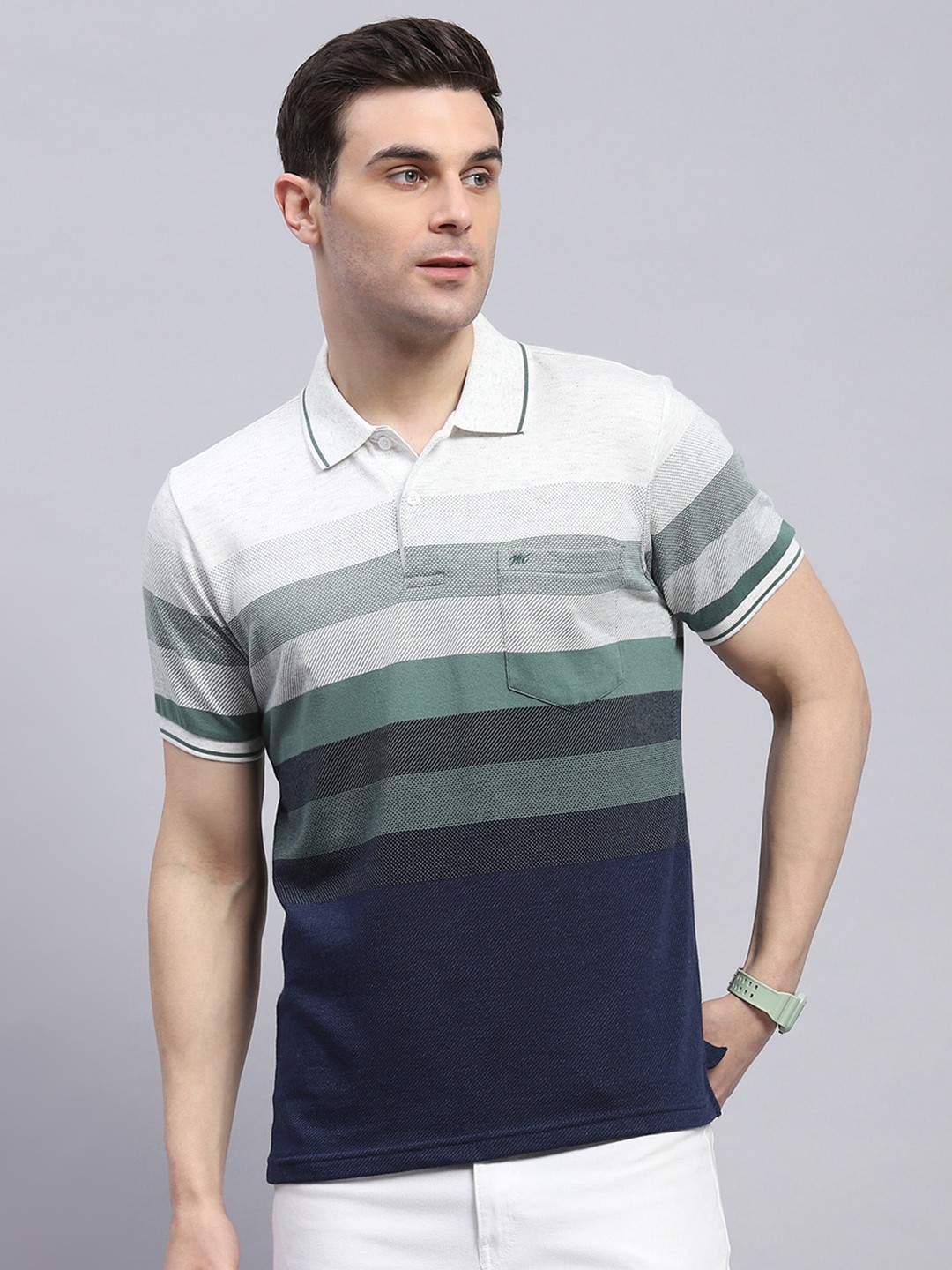 

Monte Carlo Men Striped Polo Collar Pockets T-shirt, Green