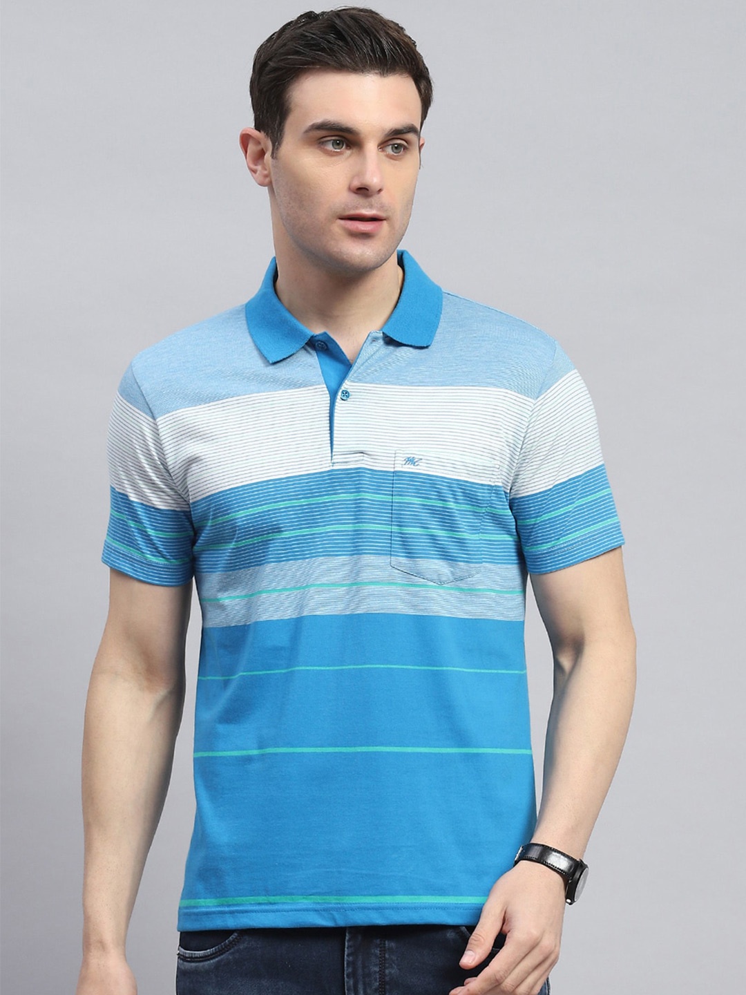 

Monte Carlo Men Striped Polo Collar Pockets T-shirt, Blue