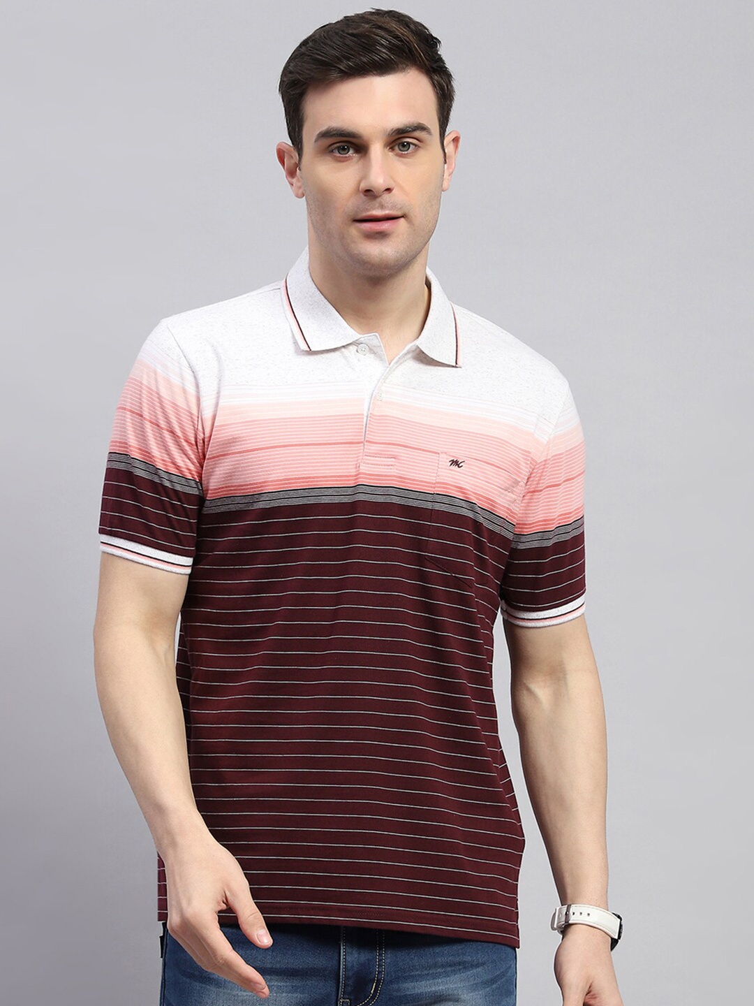 

Monte Carlo Men Striped Polo Collar Pockets T-shirt, Maroon