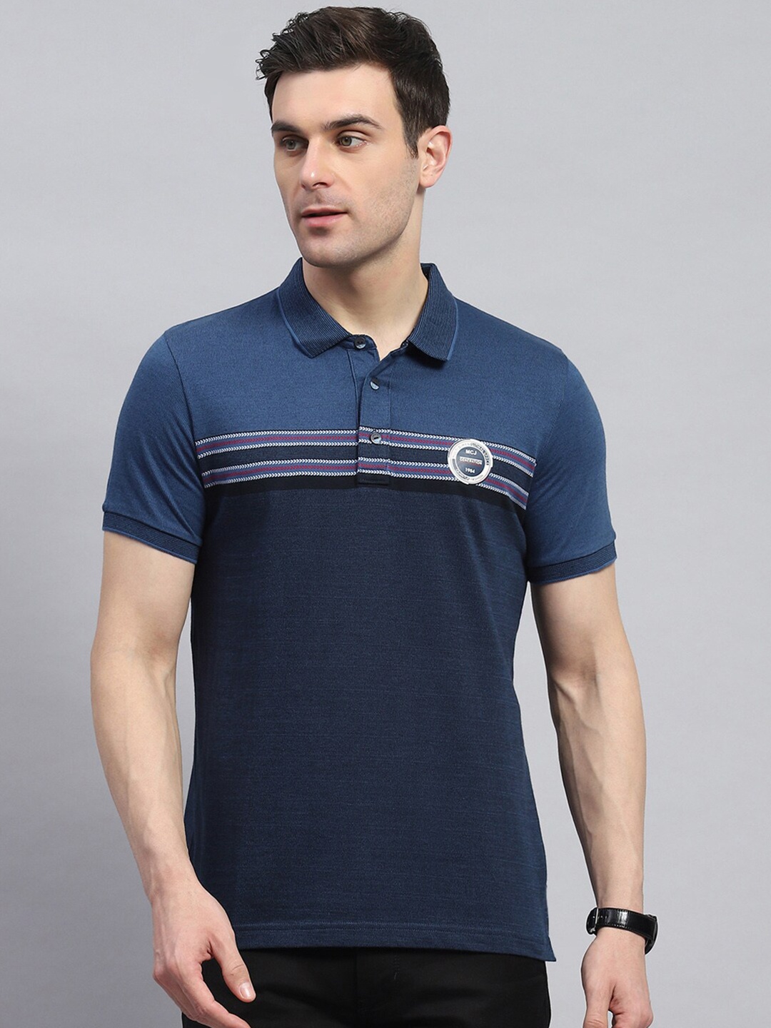 

Monte Carlo Men Striped Polo Collar Pockets T-shirt, Navy blue