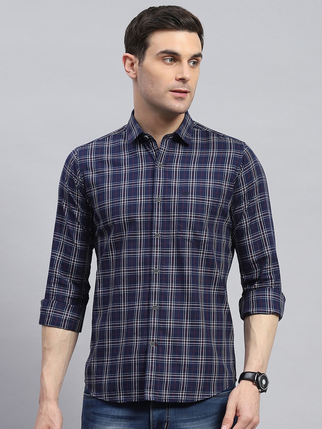 

Monte Carlo Men Classic Tartan Checks Opaque Checked Casual Shirt, Navy blue