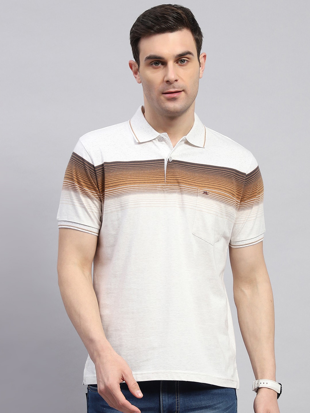 

Monte Carlo Men Striped Polo Collar Pockets T-shirt, Brown