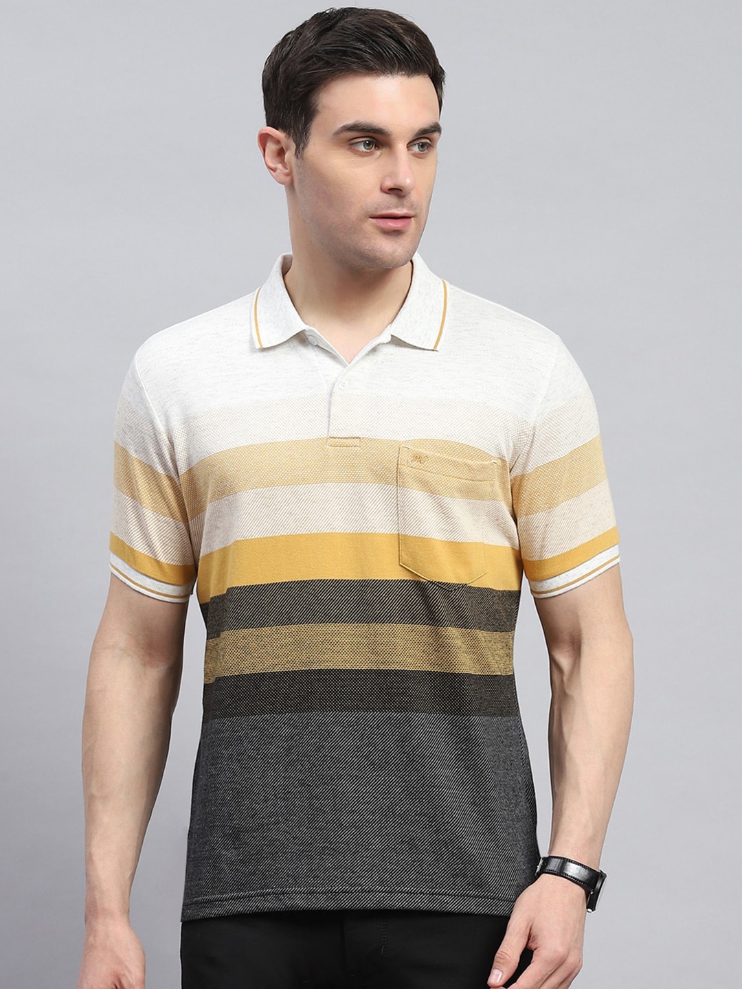 

Monte Carlo Men Striped Polo Collar Pockets T-shirt, Yellow