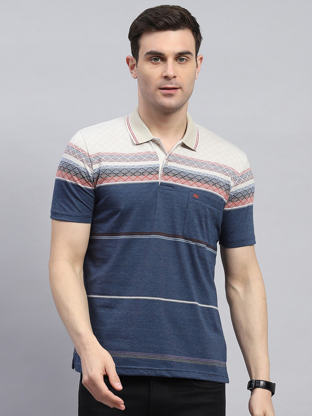 

Monte Carlo Men Striped Polo Collar Pockets T-shirt, Navy blue