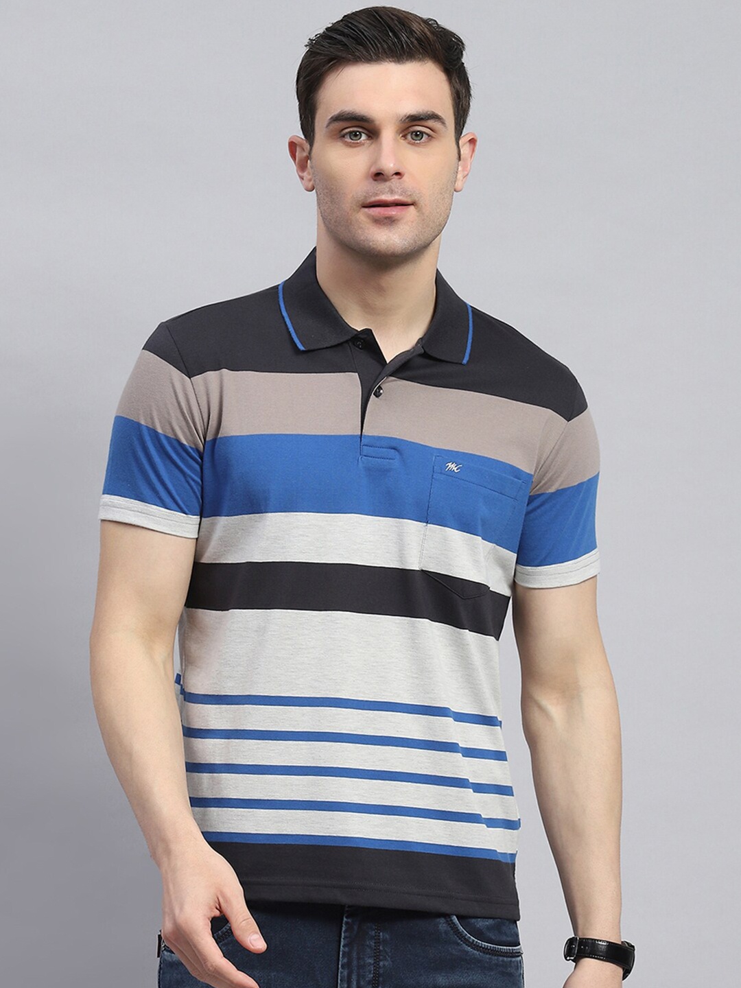 

Monte Carlo Men Striped Polo Collar Pockets T-shirt, Blue