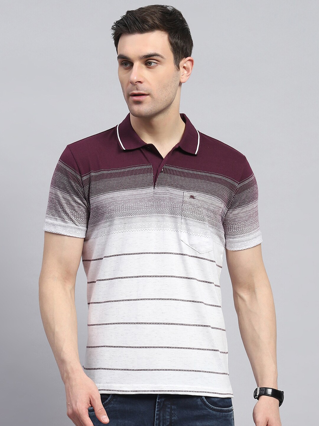 

Monte Carlo Men Striped Polo Collar Pockets T-shirt, Maroon