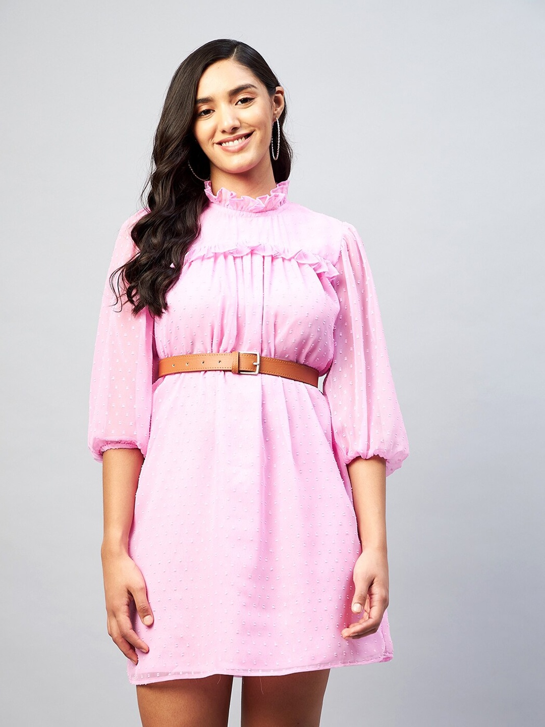 

DELAN Puff Sleeve Mock Neck Straight A-Line Dress, Pink