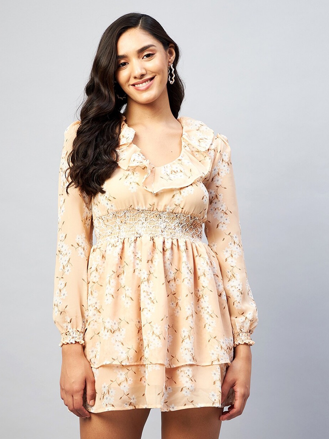 DELAN Floral Print Georgette Peplum Dress, Beige