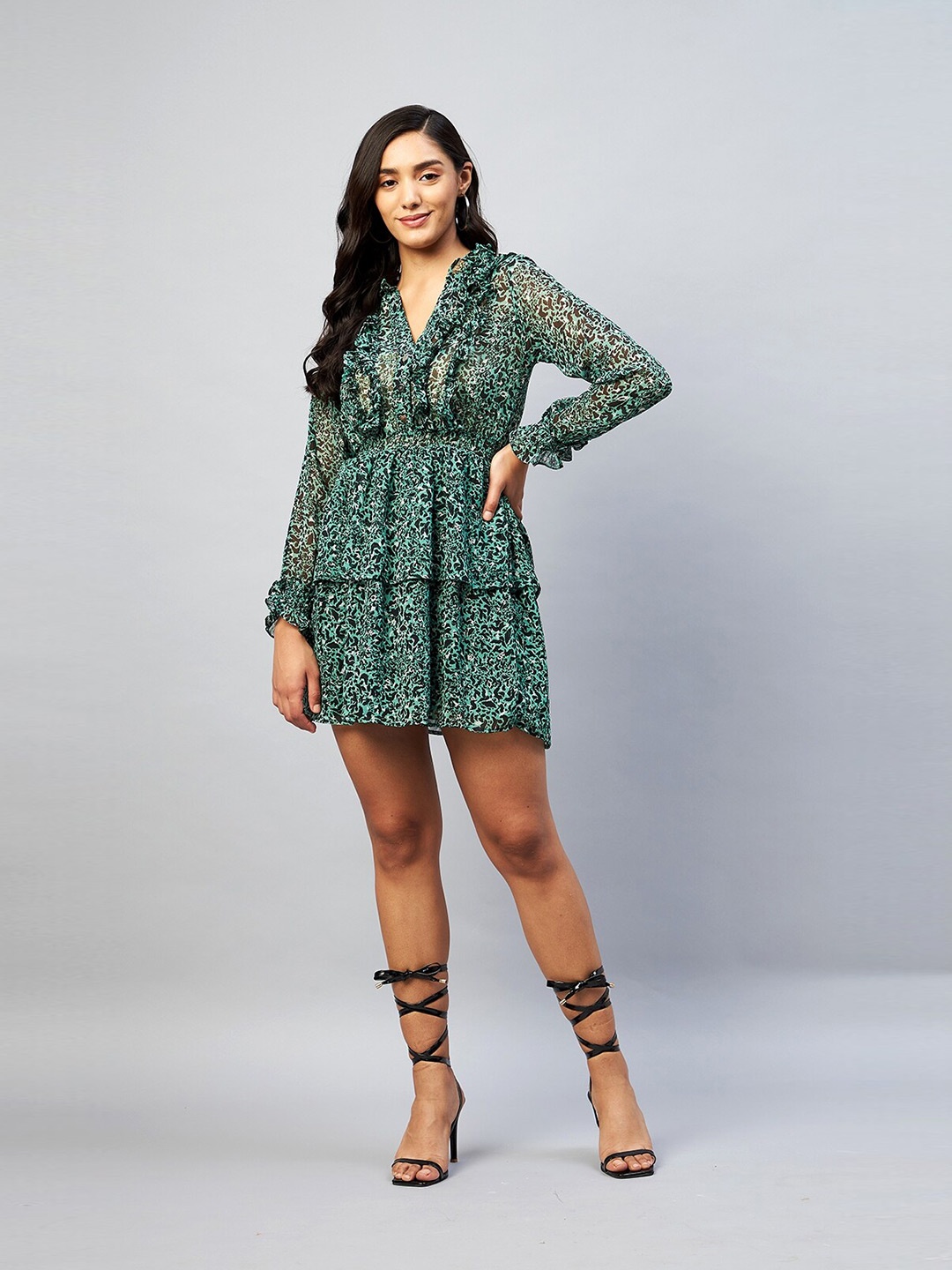 

DELAN Floral Print Georgette A-Line Mini Dress, Green