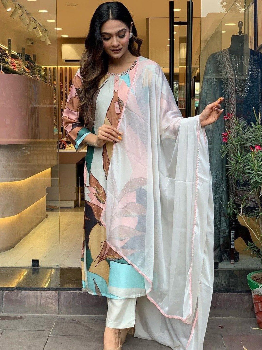 

KALINI Abstract Printed Straight Kurta with Trousers & Dupatta, Peach