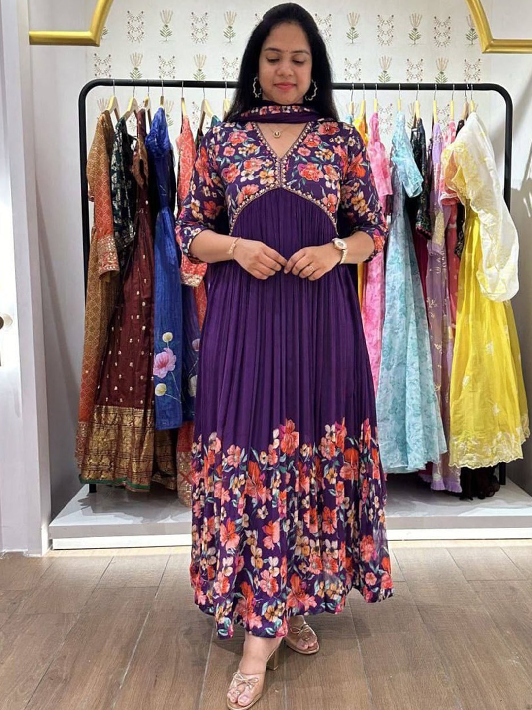 

KALINI Floral Printed Beads and Stones Empire Kurta with Trousers & With Dupatta, Violet