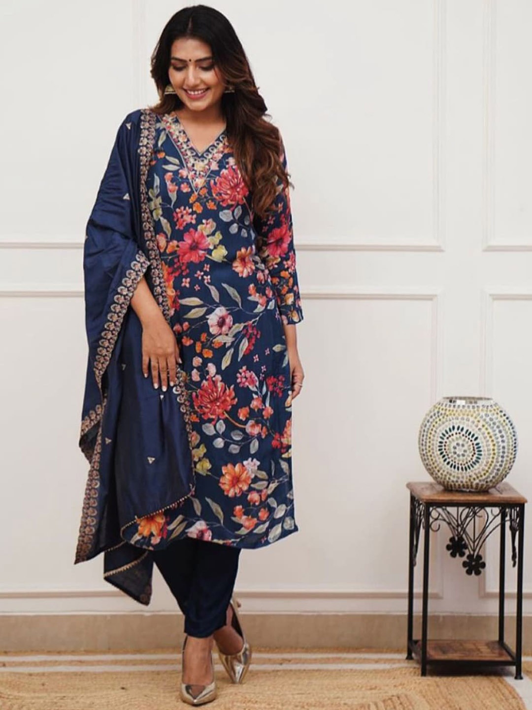 

KALINI Floral Printed Thread Work Straight Kurta With Trouser & Dupatta, Navy blue