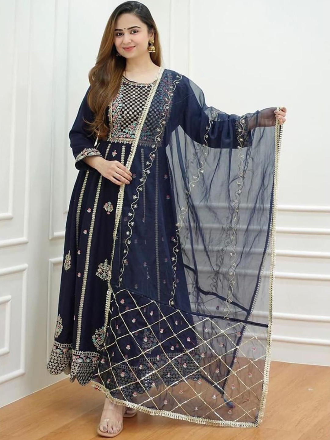 

KALINI Ethnic Motifs Embroidered Pleated Thread Work Kurta with Trousers & Dupatta, Navy blue