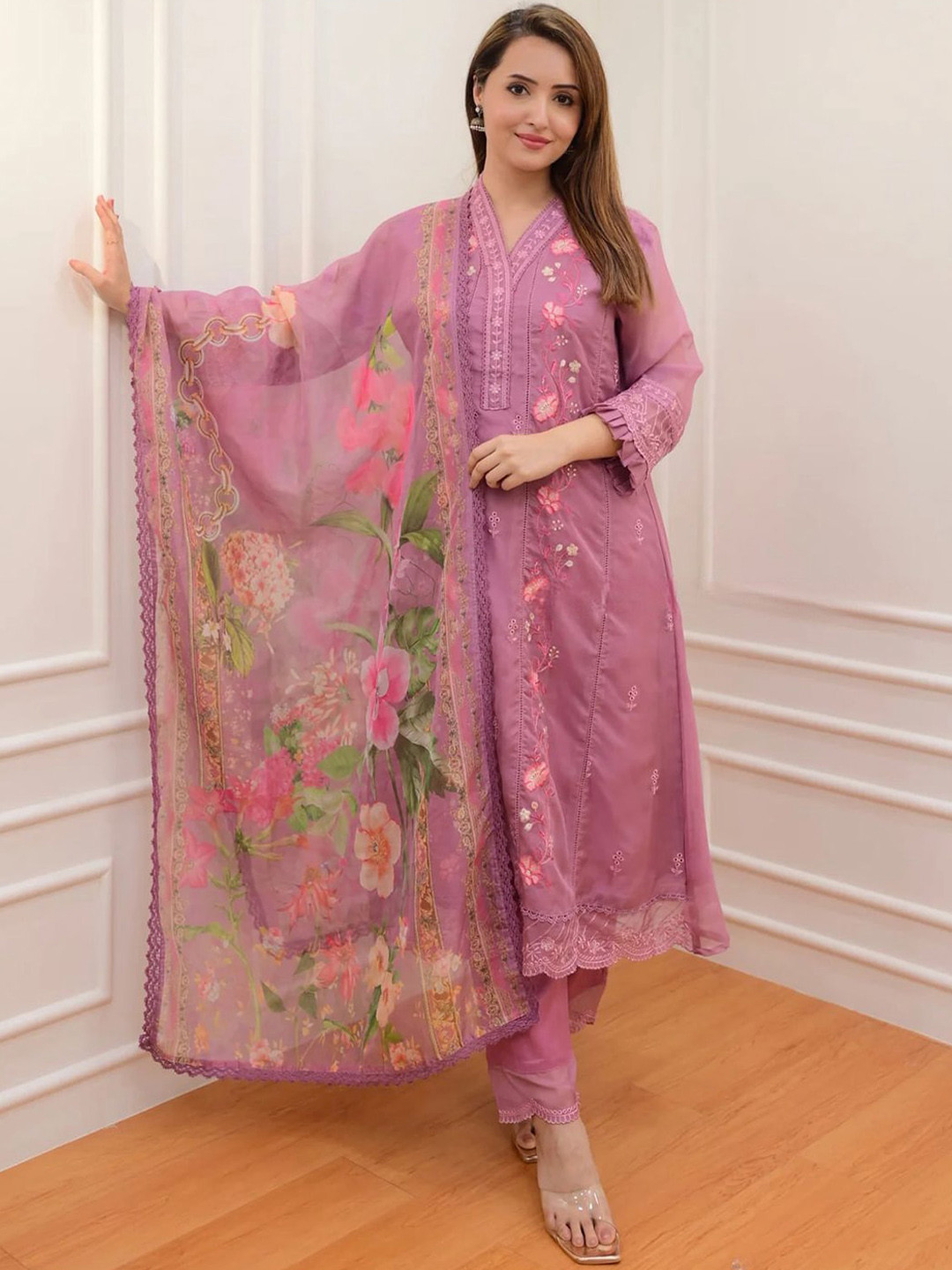

KALINI Floral Embroidered V-Neck Straight Kurta with Trousers & Dupatta, Pink
