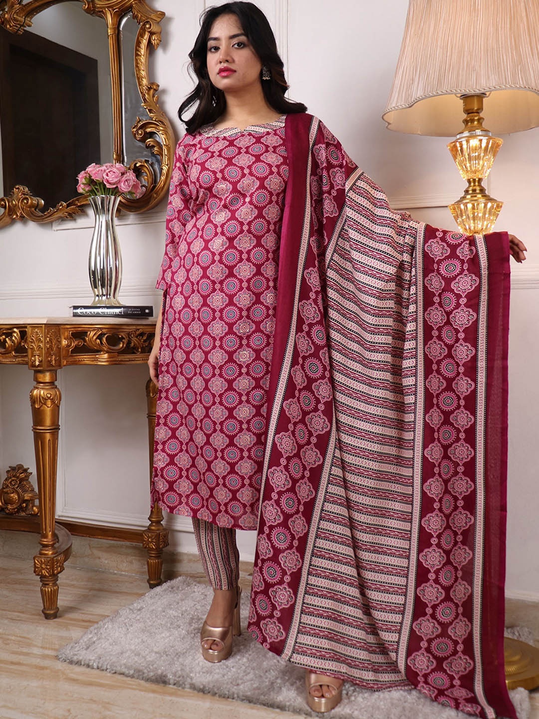 

KALINI Women Ethnic Motifs Printed Regular Kurta with Trousers & Dupatta, Pink