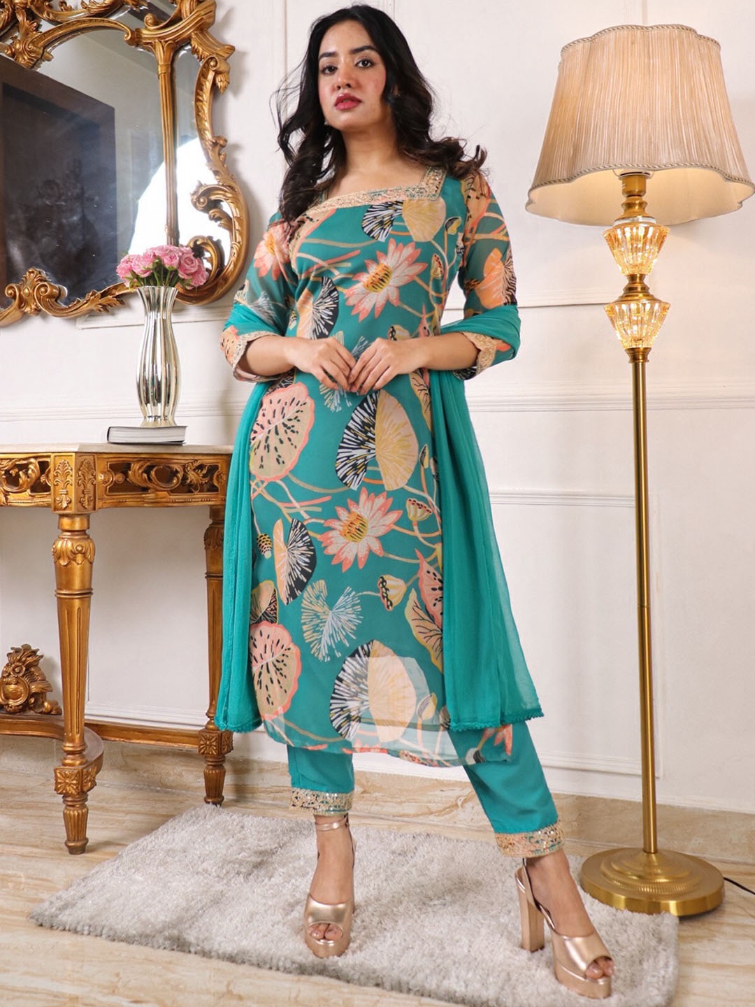 

KALINI Floral Printed Round Neck Three-Quarter Sleeves Kurta Set, Blue