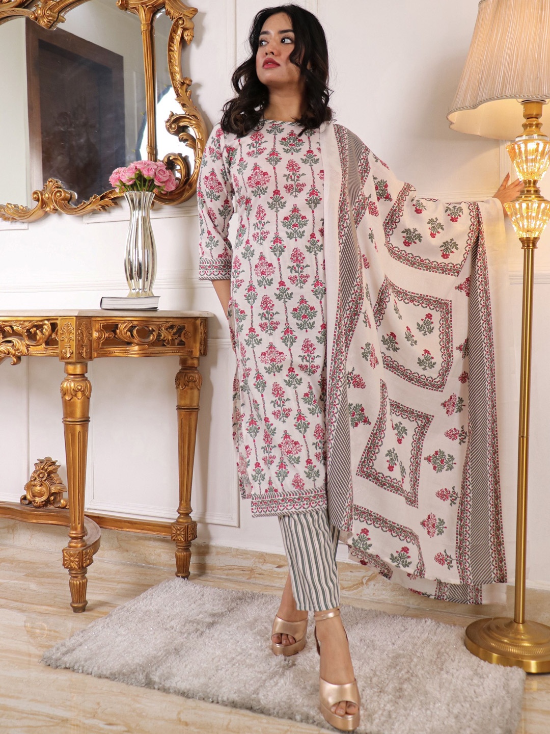 

KALINI Floral Printed Straight Kurta With Trouser & Dupatta, White