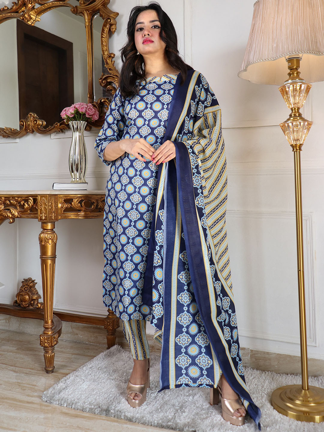 

KALINI Ethnic Motifs Printed Straight Kurta with Trousers & Dupatta, Blue
