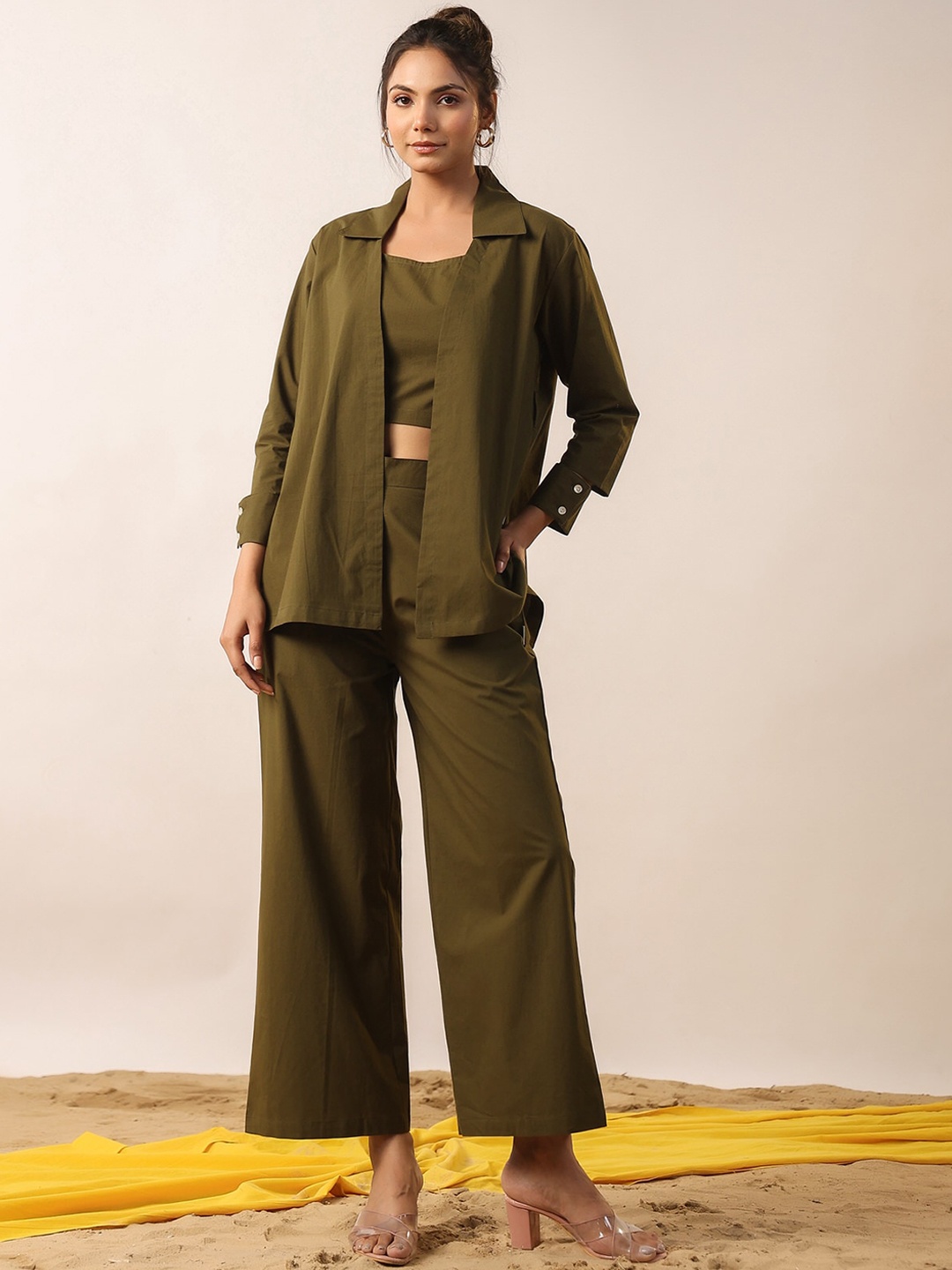 

JISORA Olive Green Round Neck Pure Cotton Top With Trousers & shrug