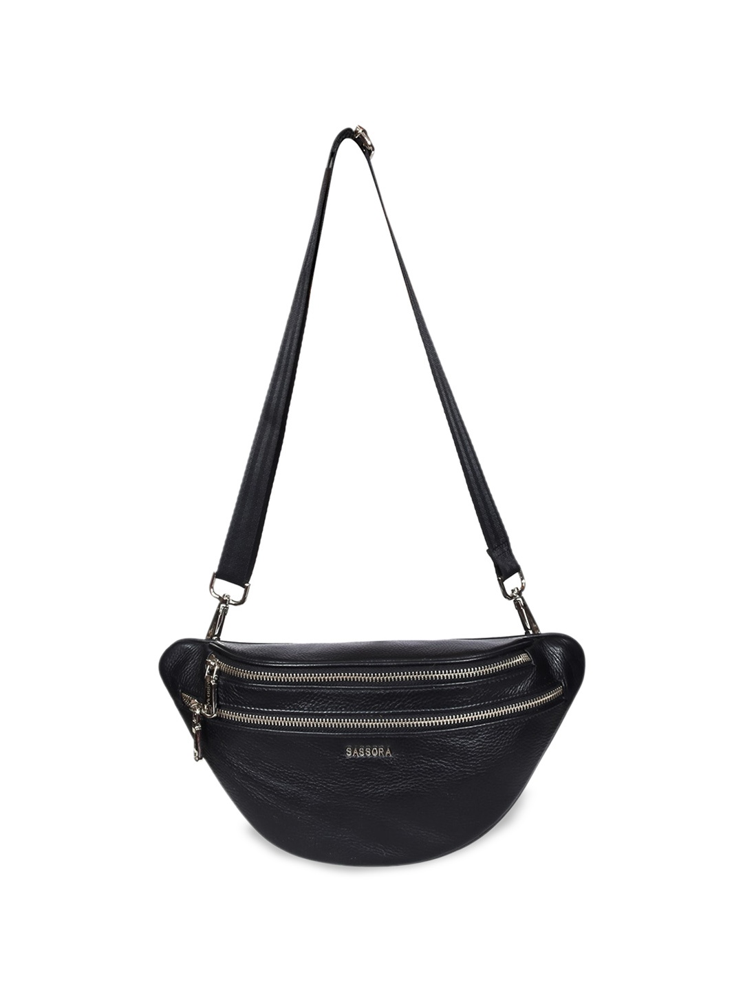 

Sassora Brand Logo Printed Leather Fanny Pack, Black