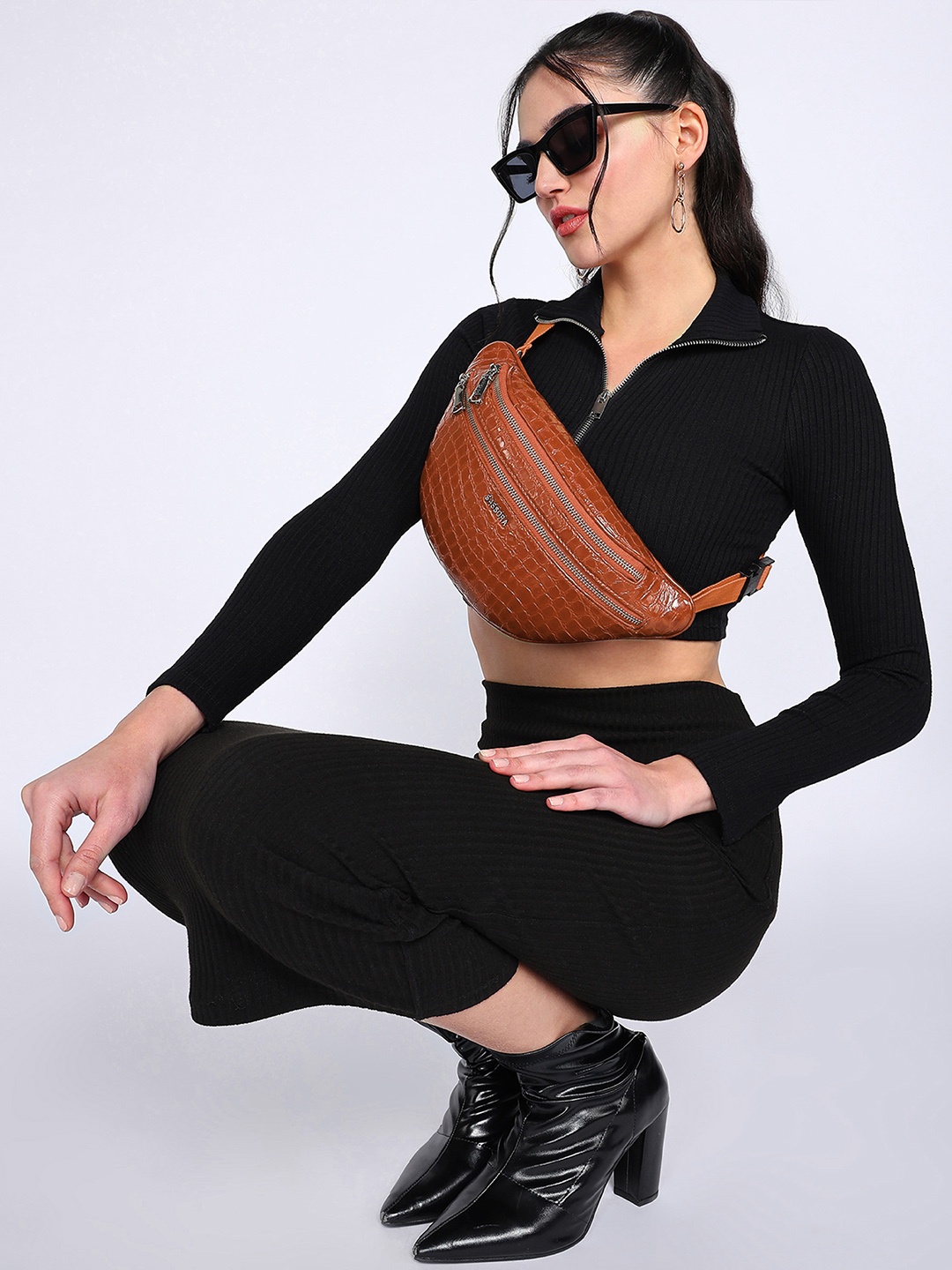 

Sassora Brand Logo Printed Leather Fanny Pack, Tan