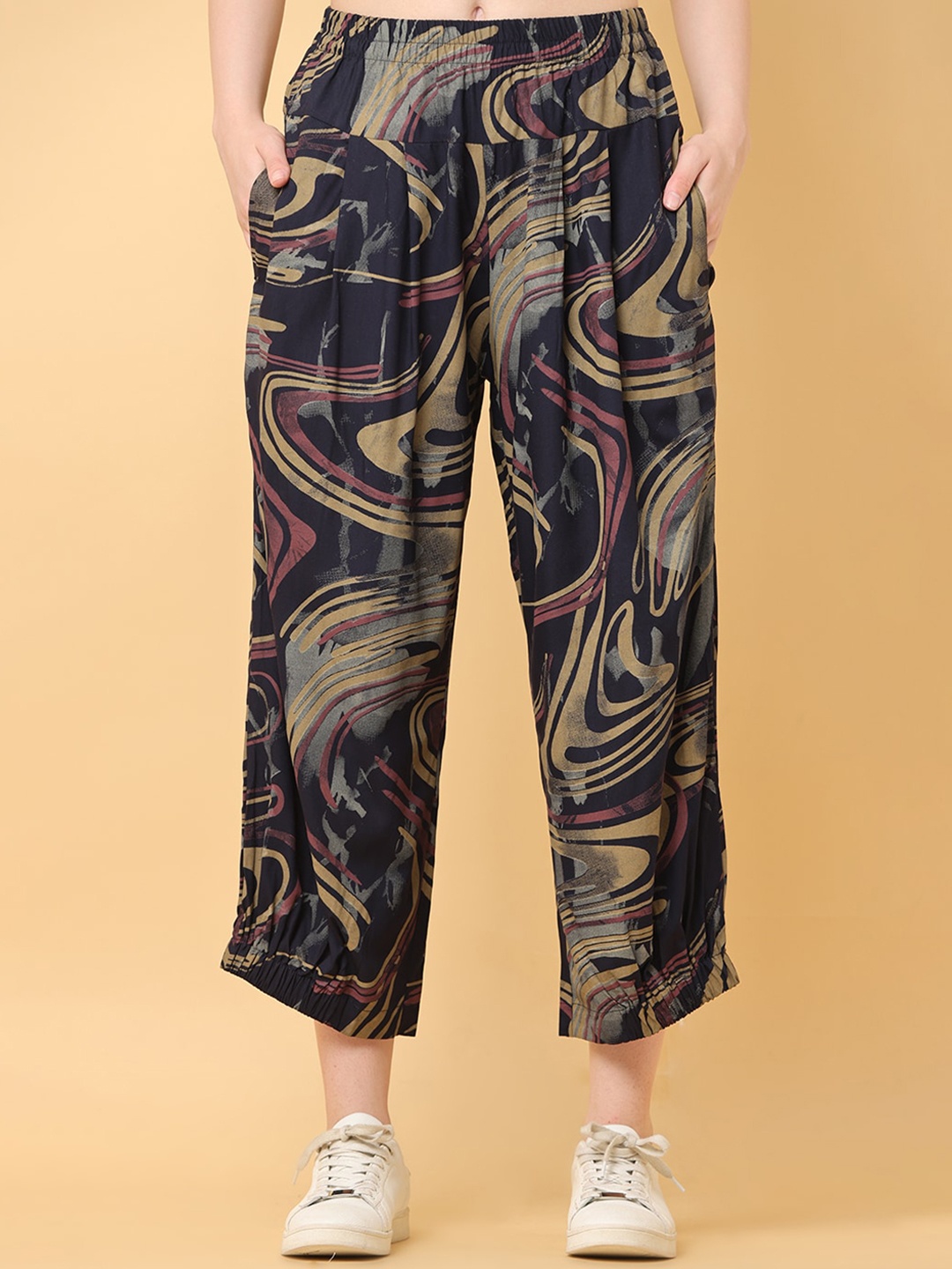 

BLACK & BLAH BLAH Relaxed Loose Fit Abstract Printed Liva Pant, Navy blue