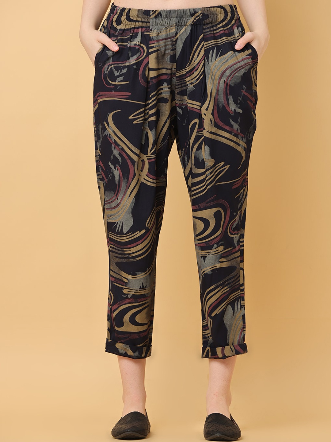 

BLACK & BLAH BLAH Relaxed Loose Fit Abstract Printed Liva Pant, Navy blue