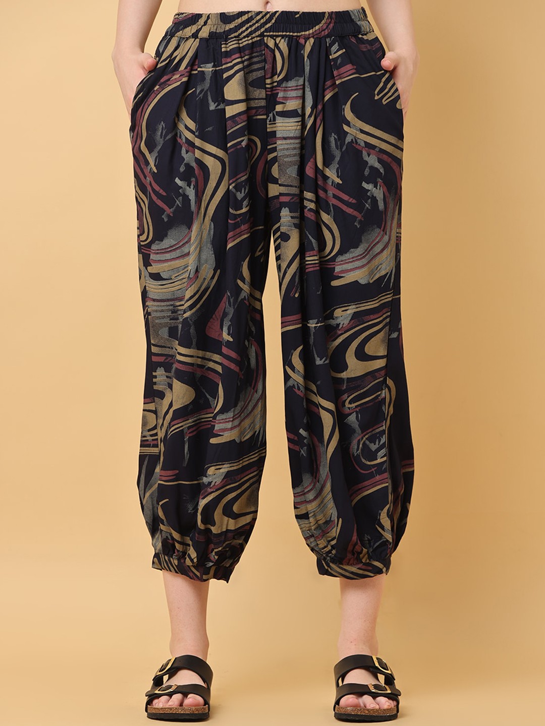 

BLACK & BLAH BLAH Women Relaxed Loose Fit Abstract Printed Liva Pant, Navy blue