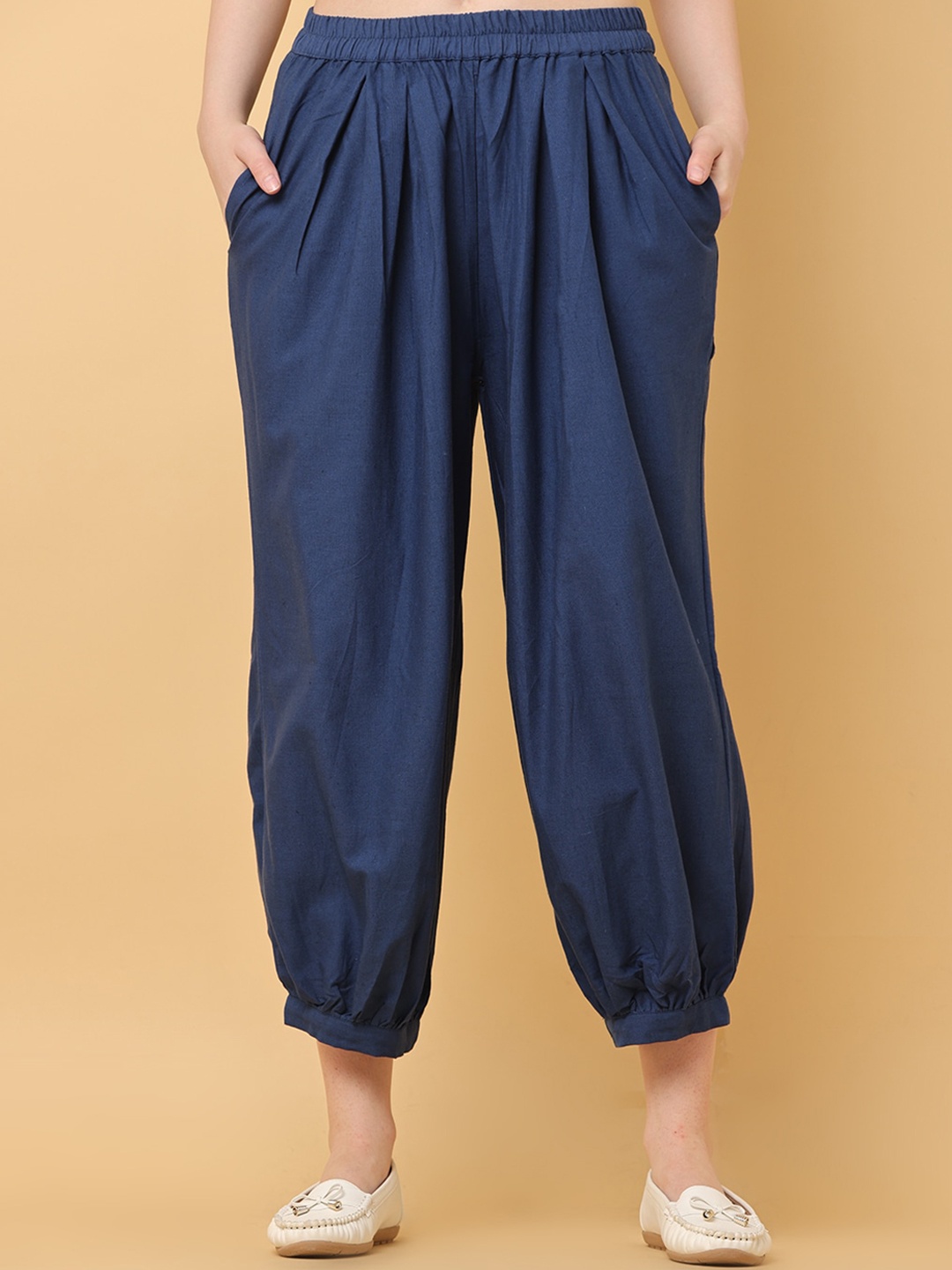 

BLACK & BLAH BLAH Women Relaxed Loose Fit Solid Cotton Linen Pant, Blue