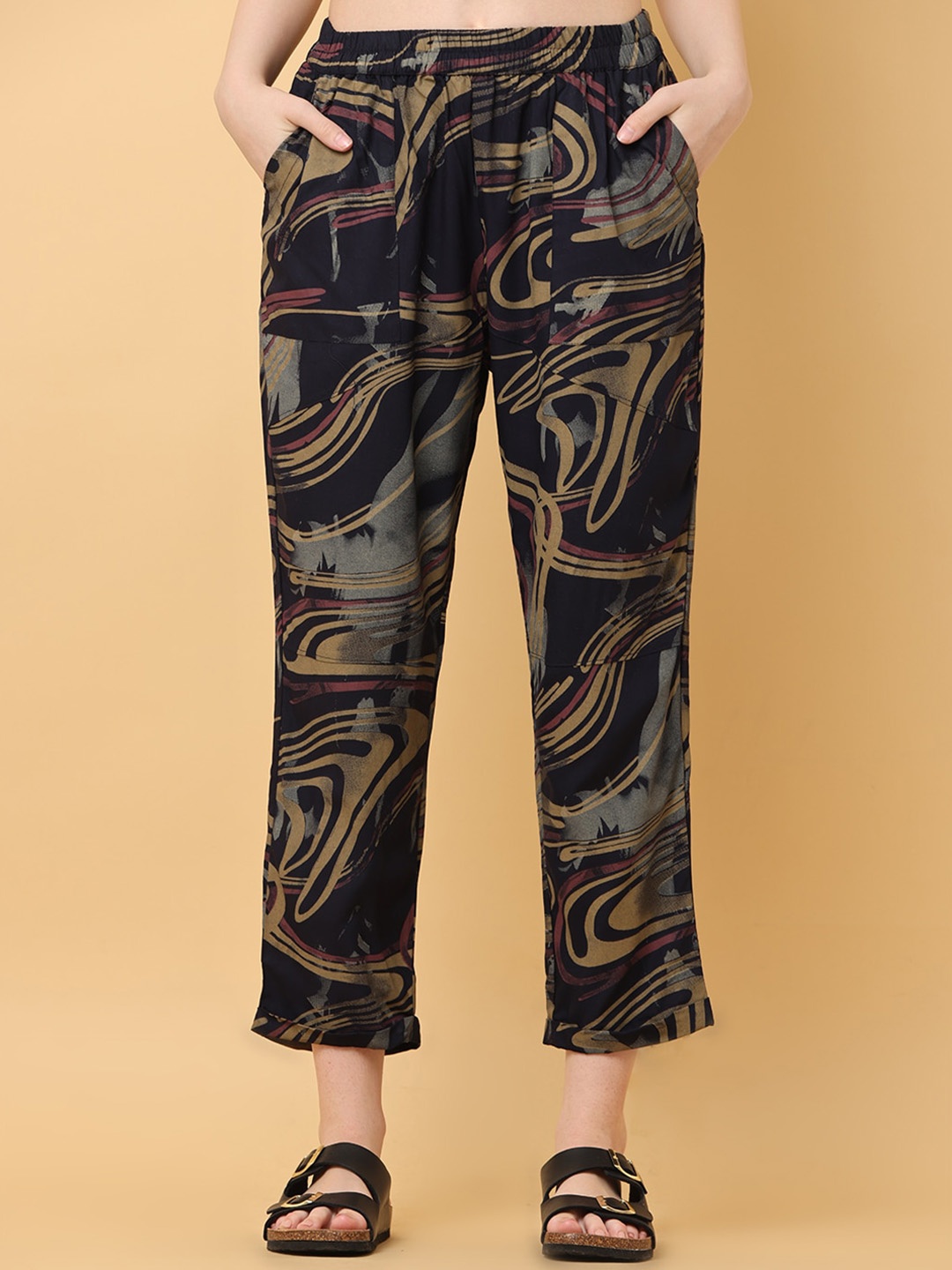 

BLACK & BLAH BLAH Relaxed Loose Fit Abstract Printed Liva Pant, Navy blue