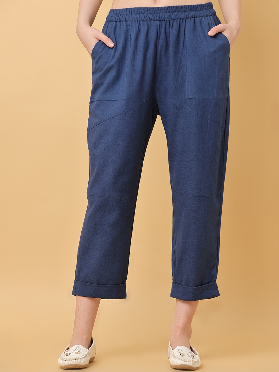 

BLACK & BLAH BLAH Relaxed Loose Fit Solid Cotton Linen Pant, Blue