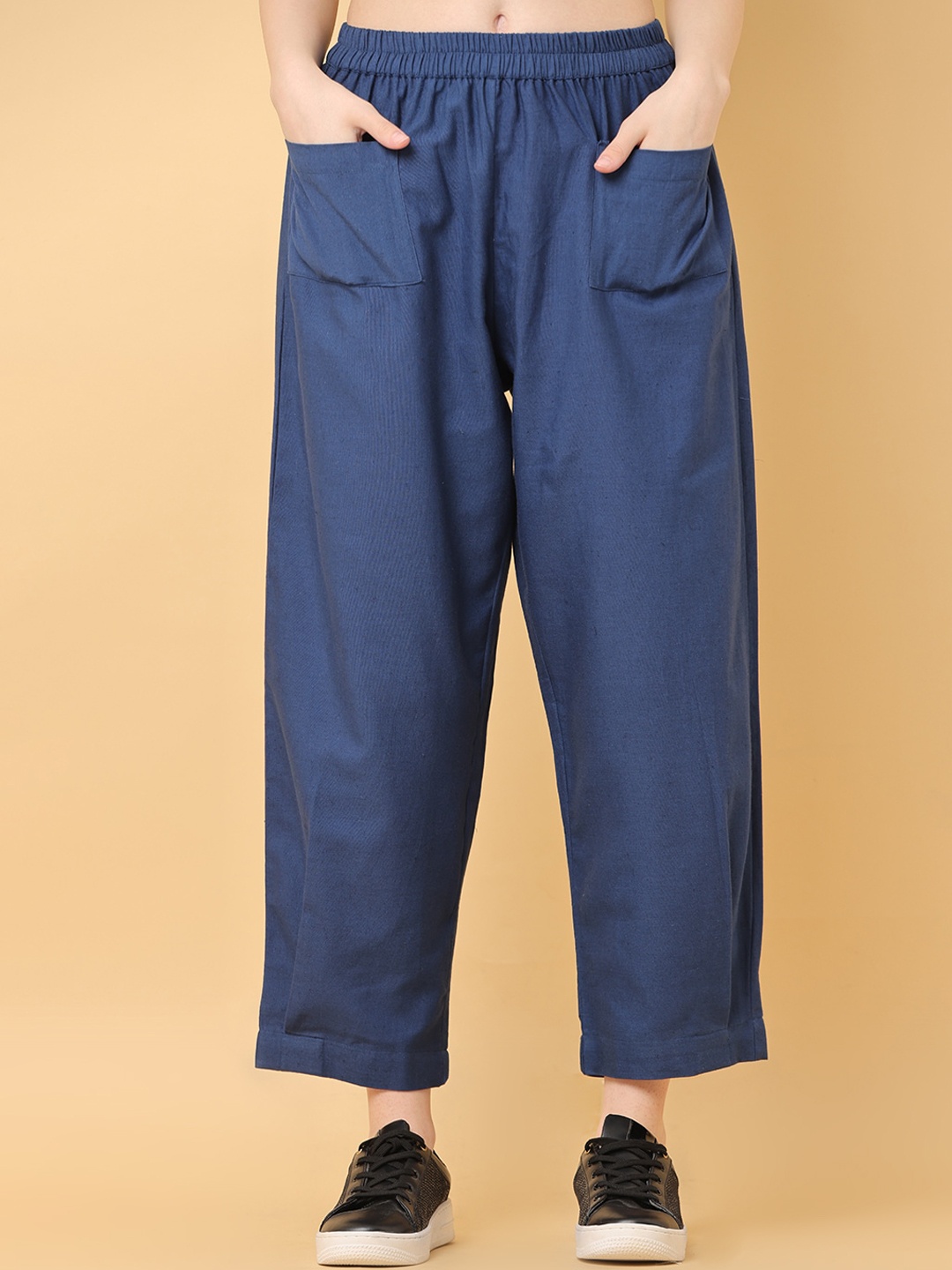 

BLACK & BLAH BLAH Women Relaxed Loose Fit Solid Cotton Linen Pant, Blue