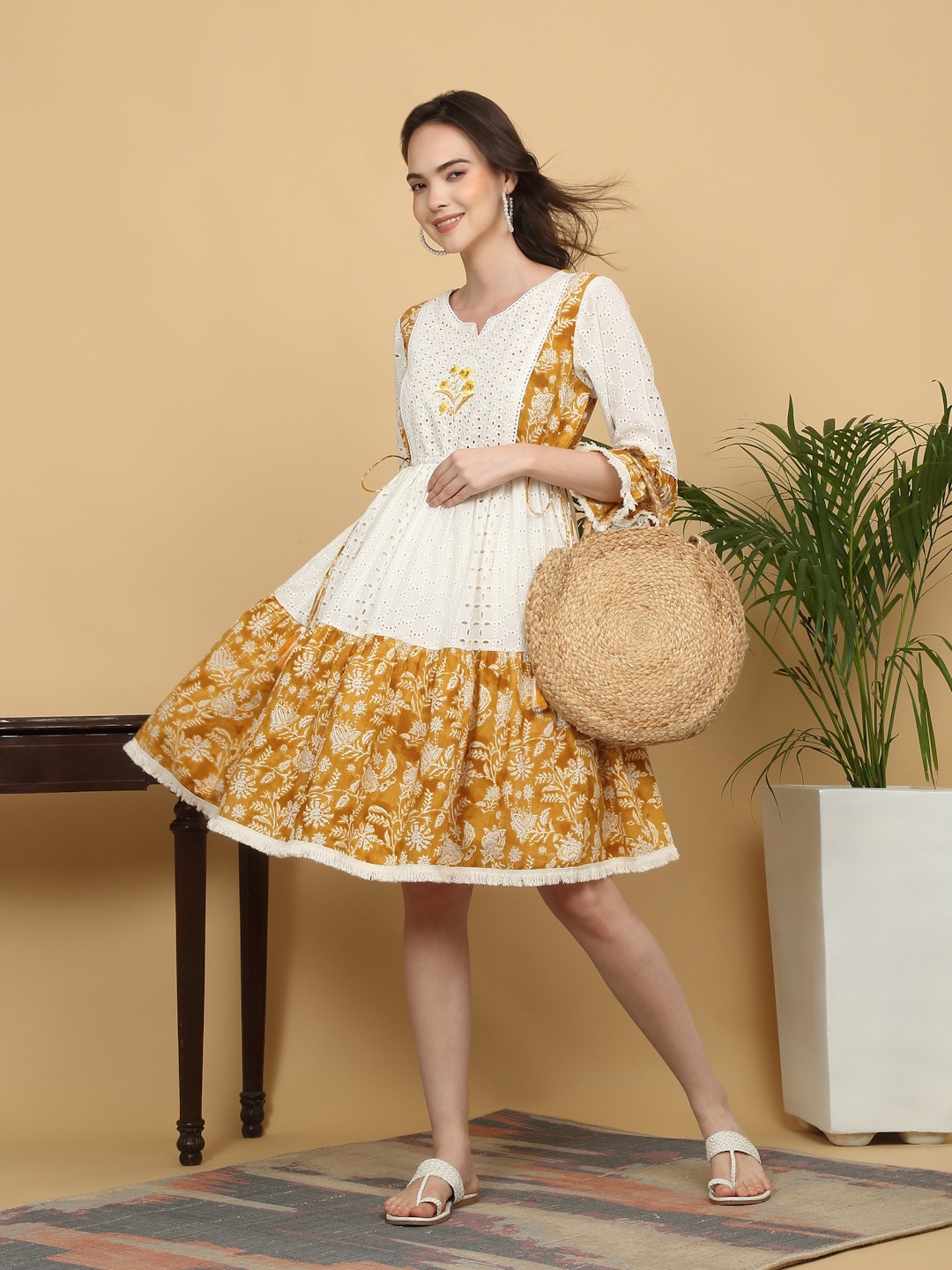 

KALINI Floral Print Flared Sleeve Cotton Top, Yellow