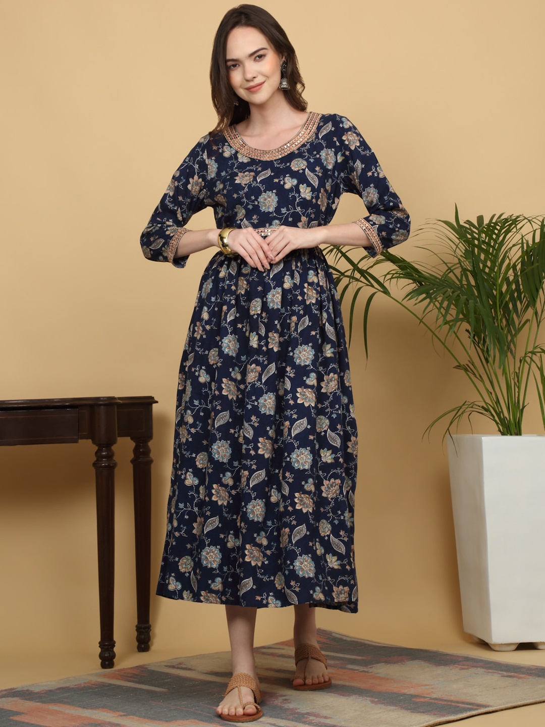 

KALINI Floral Printed Three-Quarter Sleeves Cotton Pleated Fit & Flare Dress, Blue