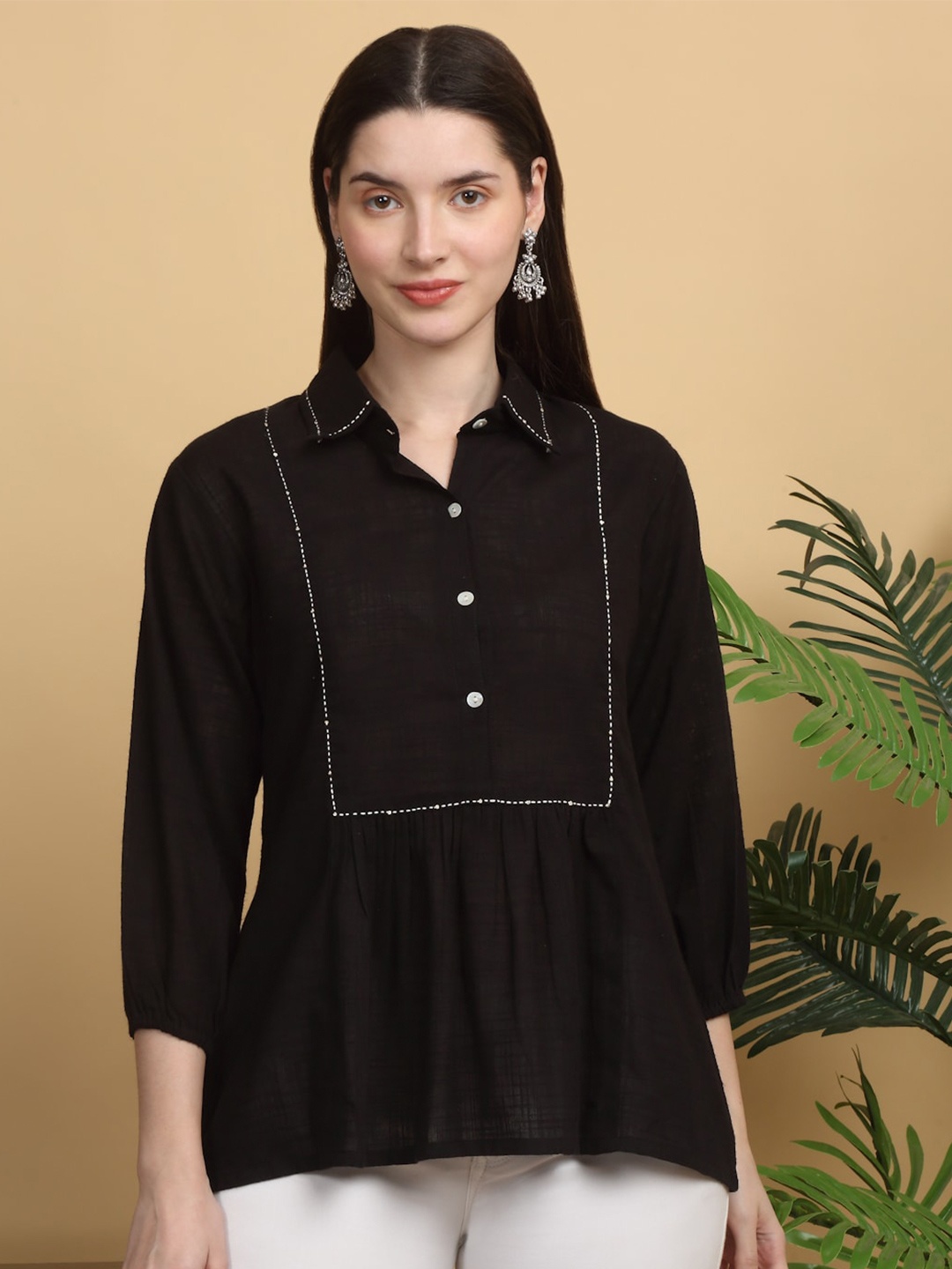 

KALINI Cotton Shirt Style Top, Black