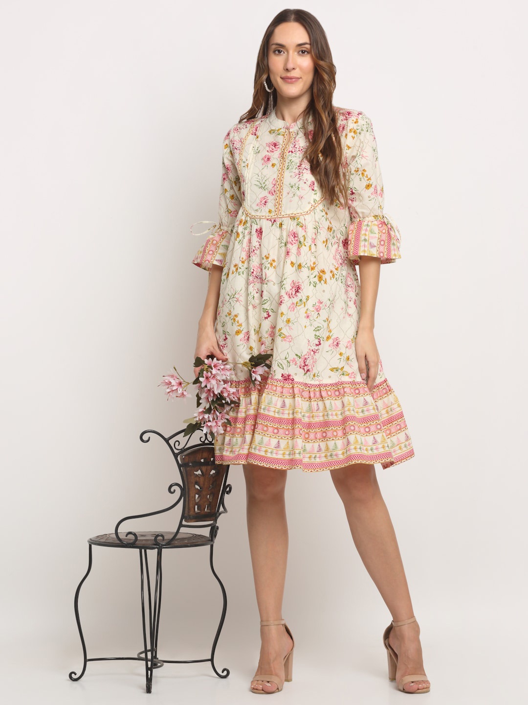 

KALINI Floral Print Bell Sleeve Cotton Shirt Style Top, Off white