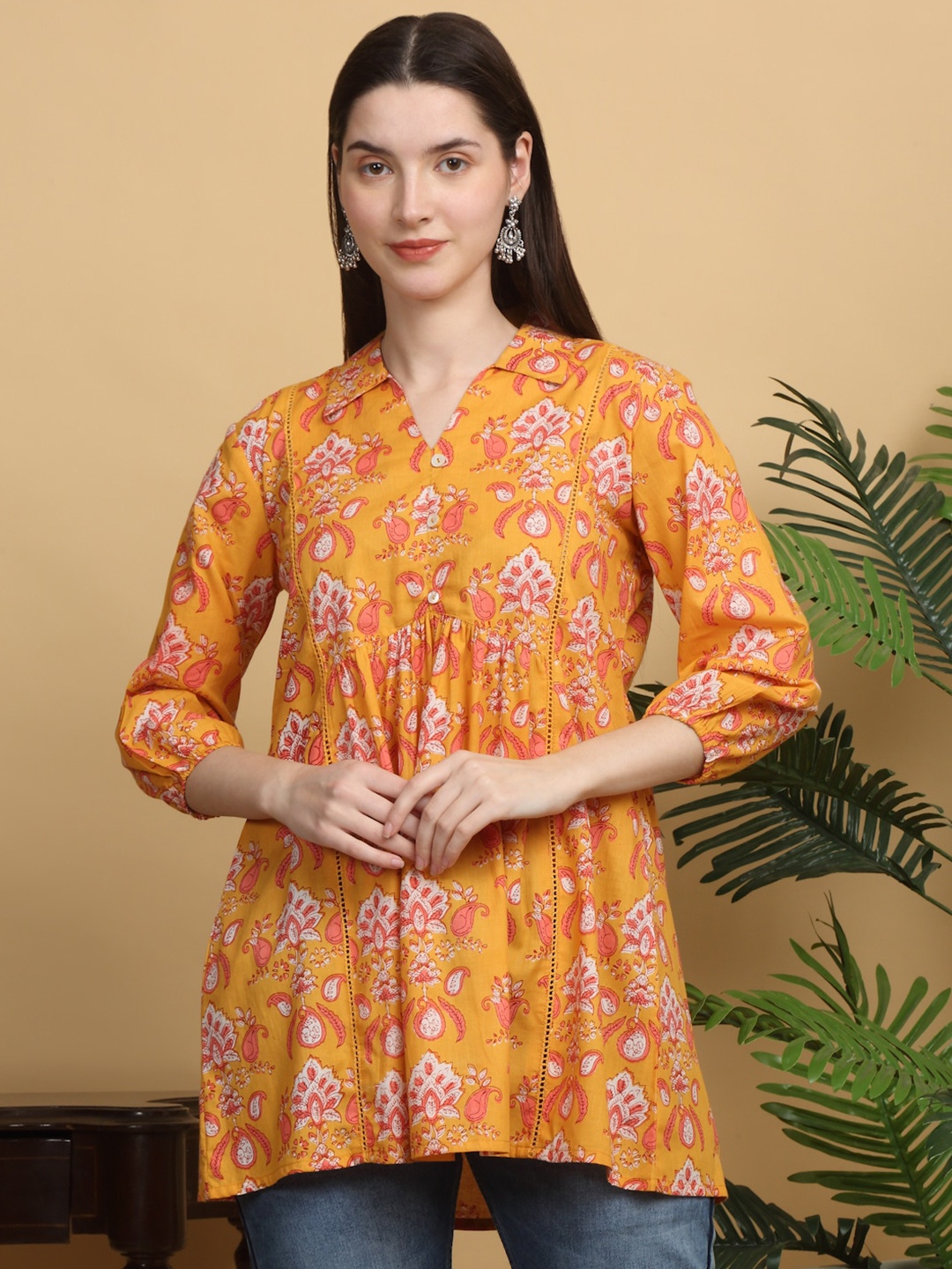 

KALINI Floral Print Mandarin Collar Cotton Empire Top, Yellow