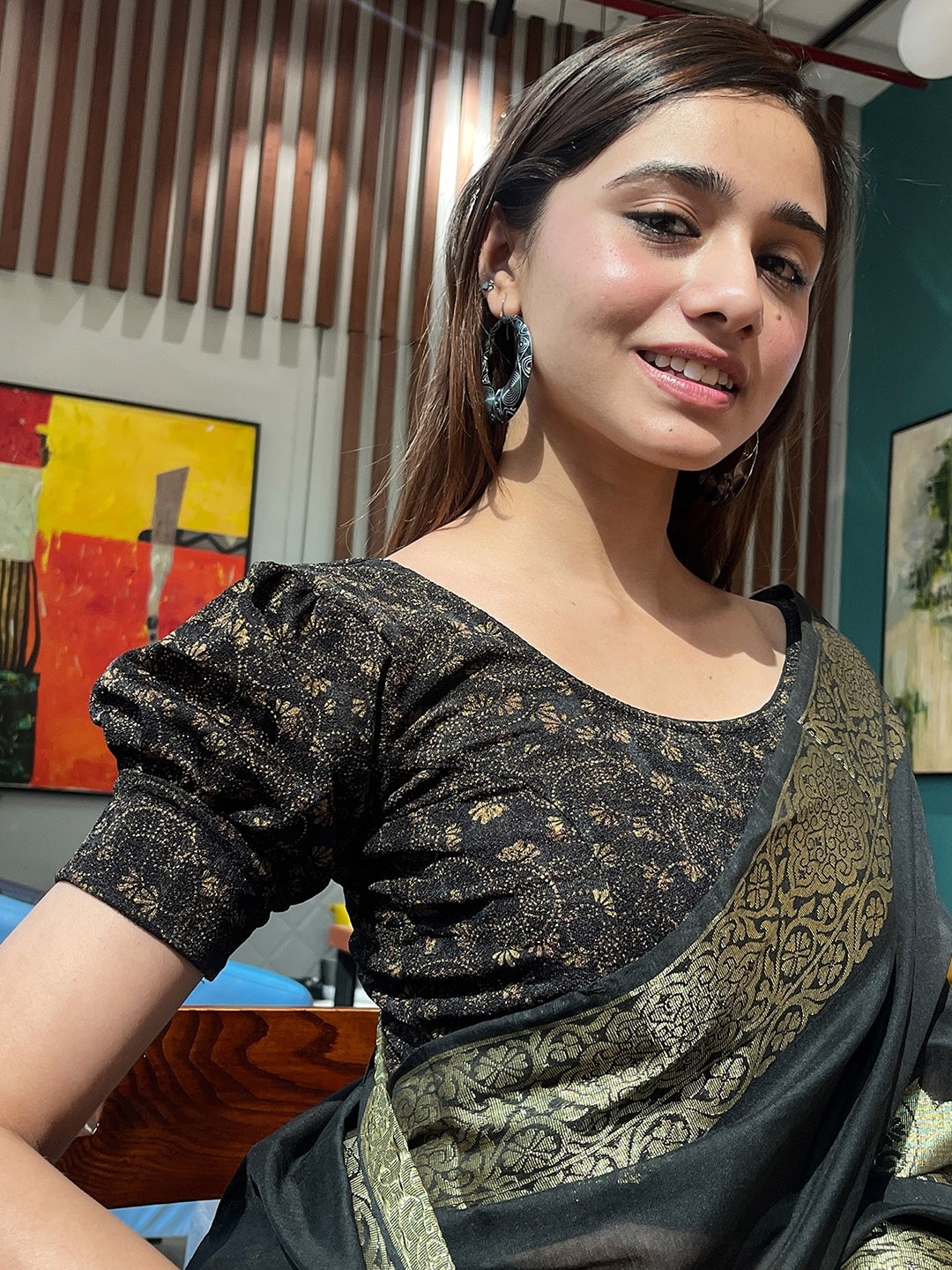 

Bindigasm's Advi Floral Printed Stretchable Jacquard Saree Blouse, Black