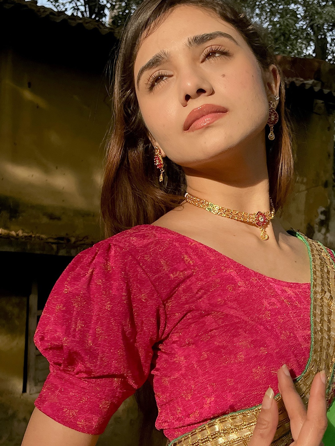 

Bindigasm's Advi Printed Puff Sleeves Jacquard Saree Blouse, Pink