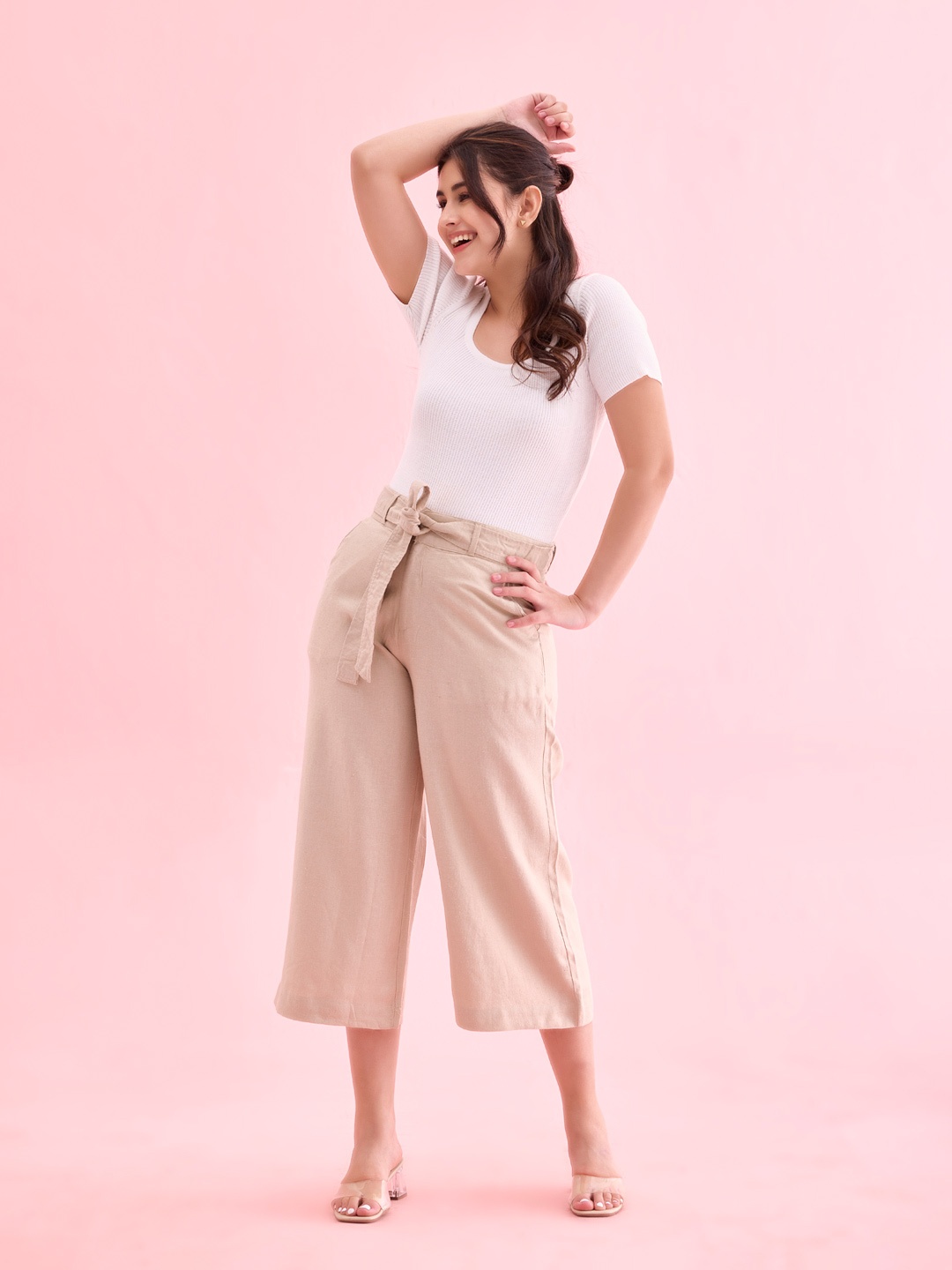 

Go Colors Women Relaxed Loose Fit High-Rise Culottes Trousers, Beige