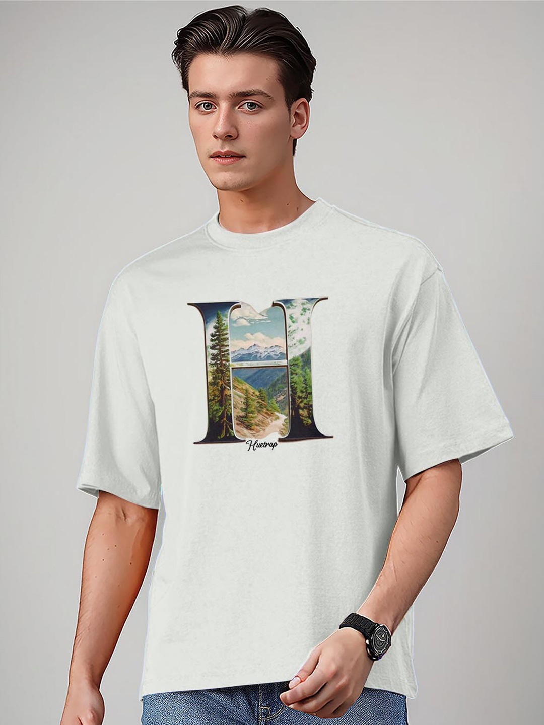 

Huetrap Men Printed Tropical Applique T-shirt, Grey