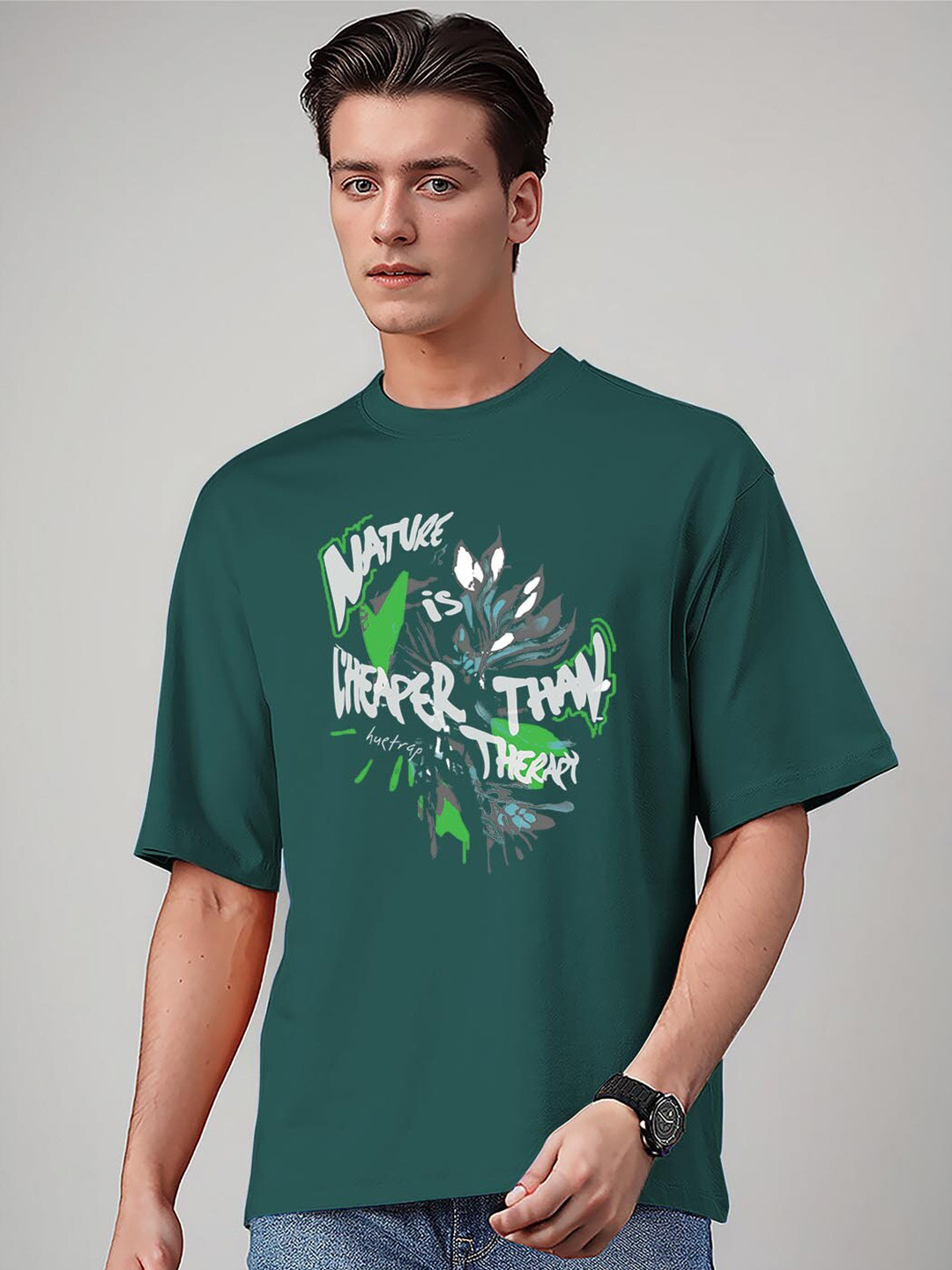 

Huetrap Men Typography Printed Extended Sleeves Applique T-shirt, Teal