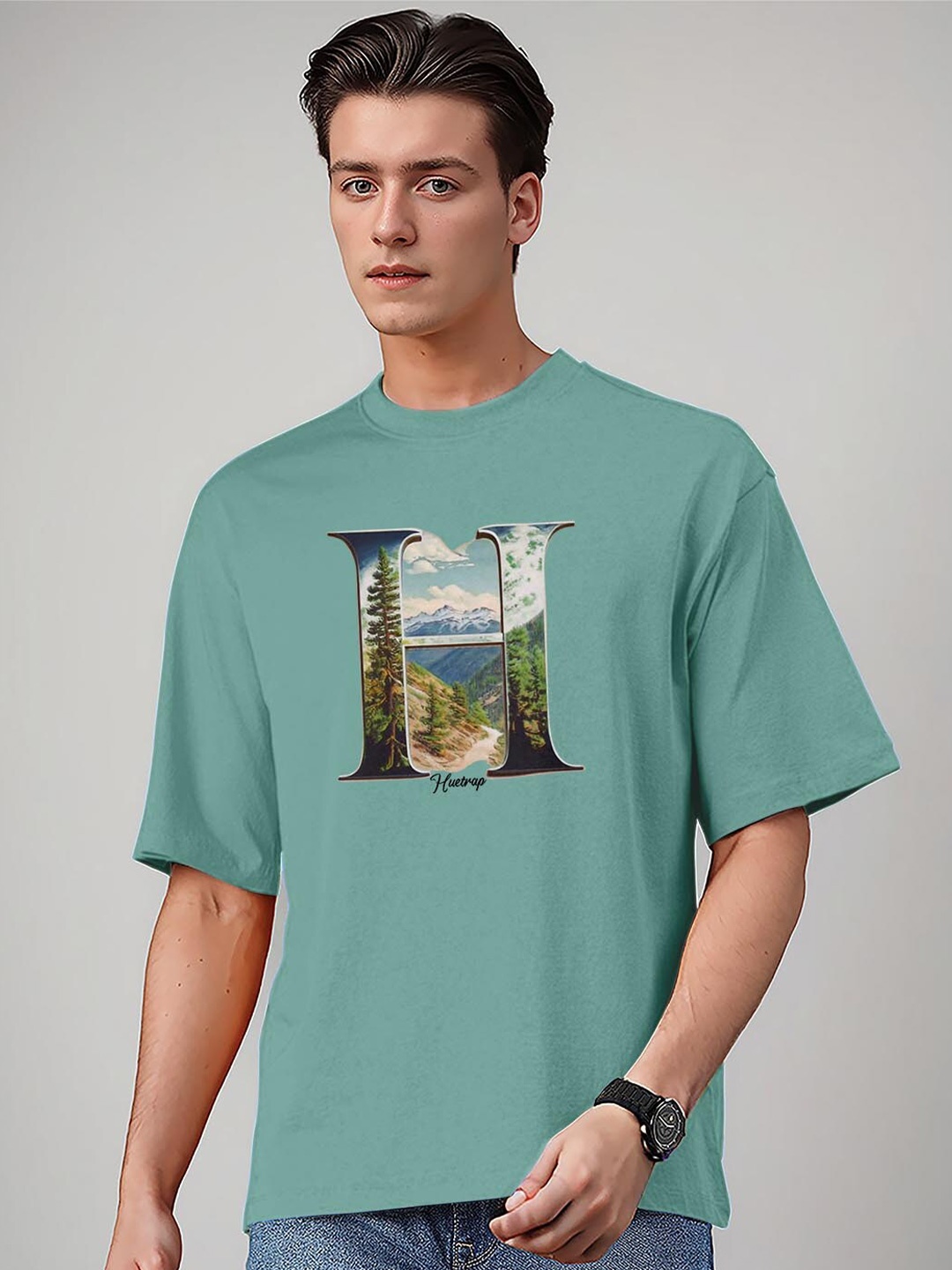 

Huetrap Men Printed Drop-Shoulder Sleeves Applique T-shirt, Blue