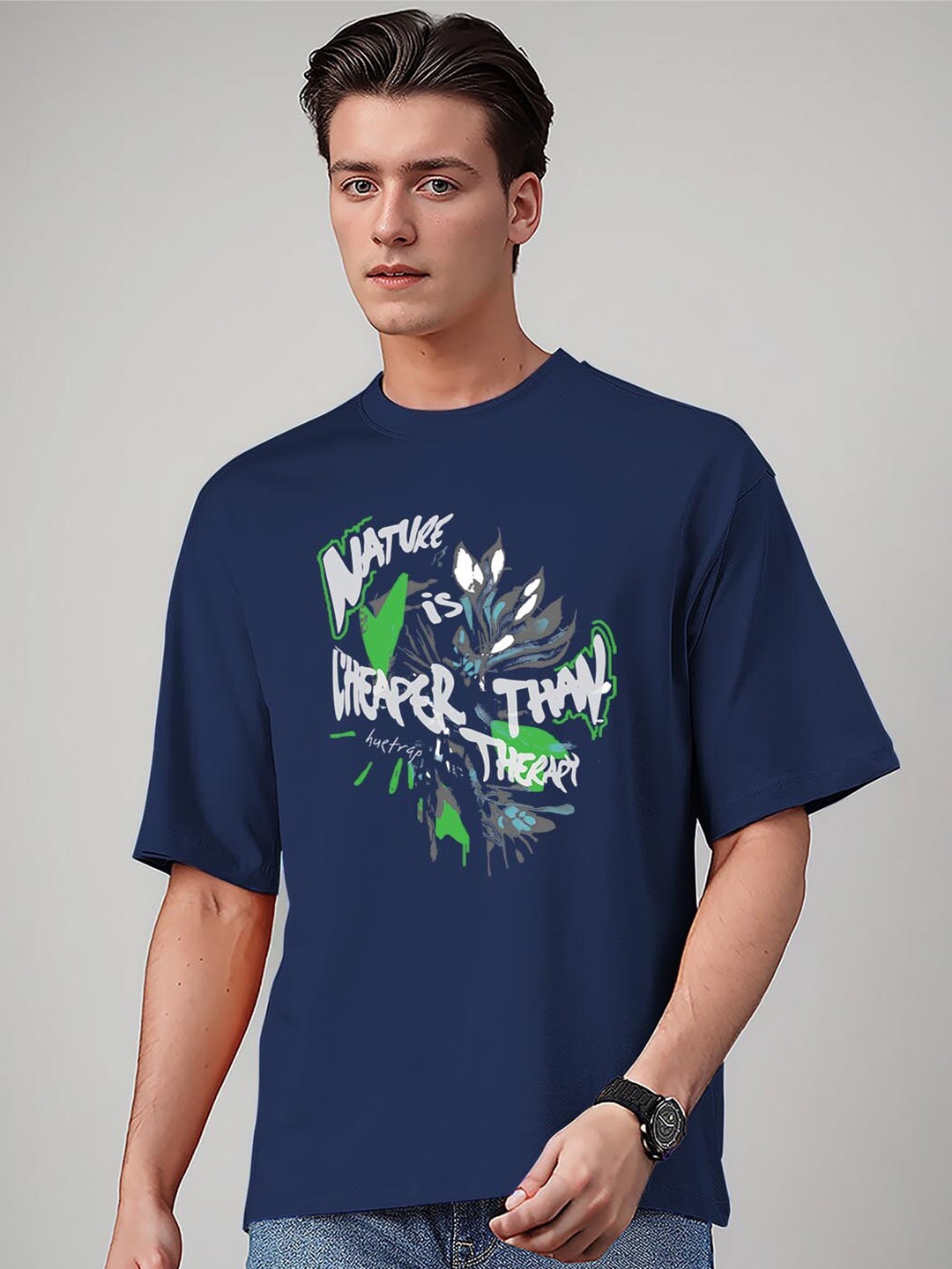 

Huetrap Men Printed Extended Sleeves Applique T-shirt, Navy blue